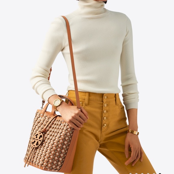 LAST RARE TORY BURCH MILLER CHAINMAIL LARGE BUCKET BAG IN CAMELLO/IVORY XBODY - Picture 2 of 12